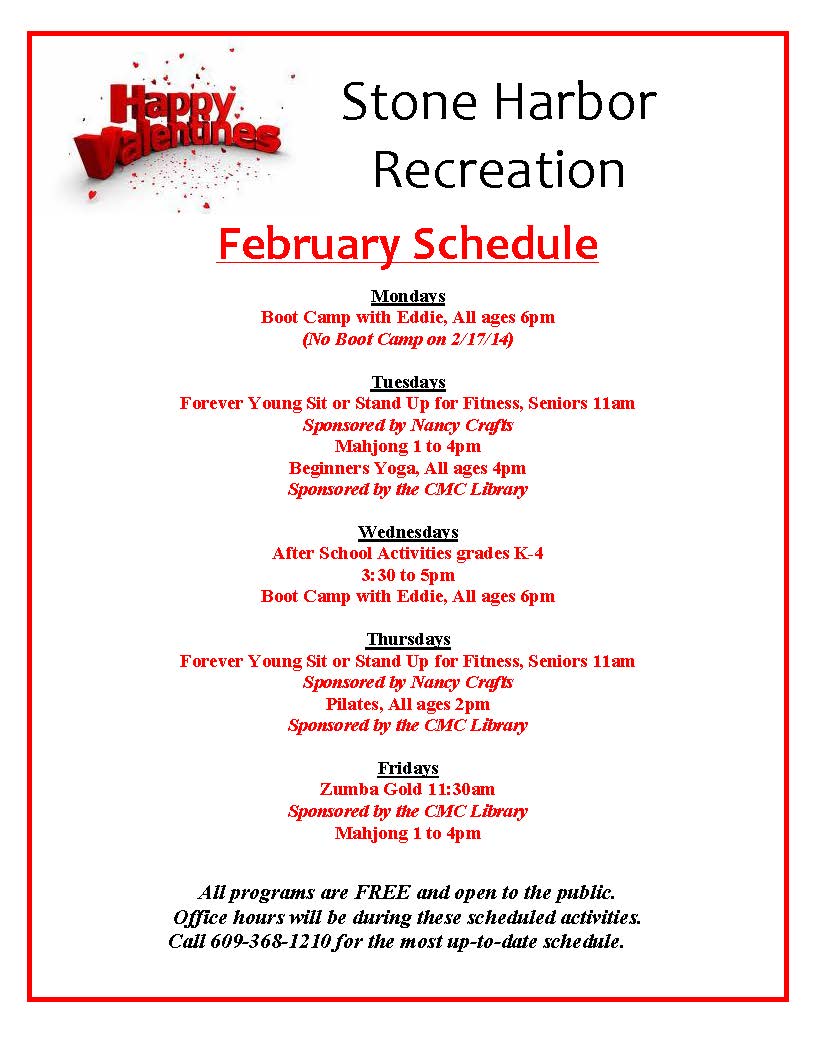 February, 2014 Recreation Schedule For Stone Harbor Borough of Stone