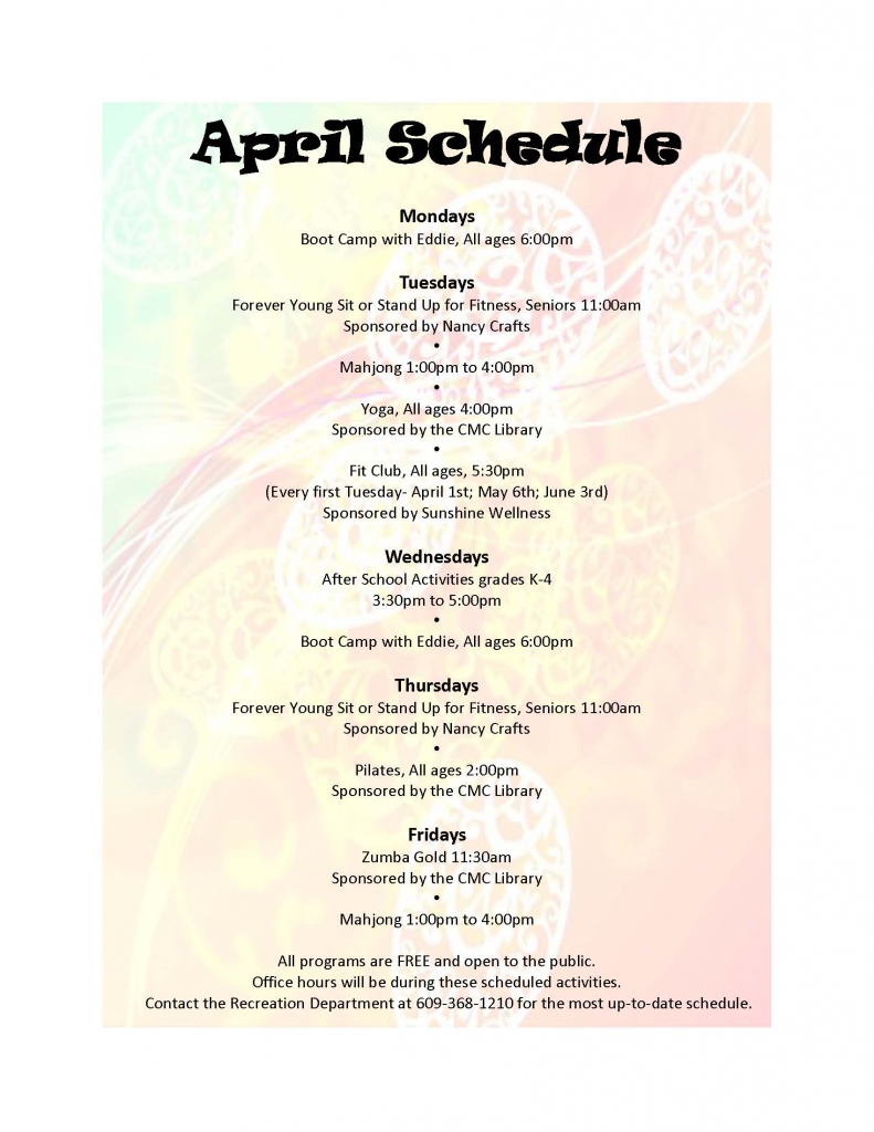 April 2014 Stone Harbor Recreation Schedule of Events Borough of