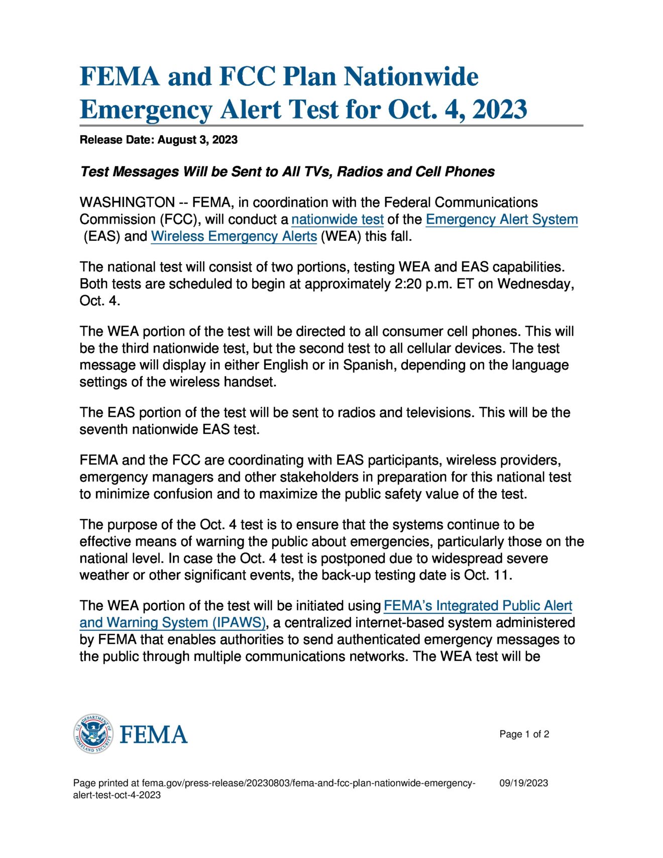 FEMA and FCC Plan Emergency Nationwide Test Alert For October 4, 2023